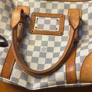 Louie Vuitton Checkered Tote with Leather Accents